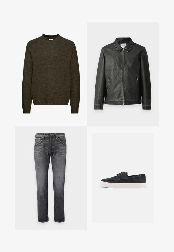 Veste en cuir noir avec une texture lisse, col à pression, fermeture éclair frontale complète et deux poches latérales. Présente des détails de coutures minimaux.; Pull en maille vert foncé avec un col rond, des manches longues et des poignets côtelés. Texture douce avec une finition légèrement duveteuse.; Jean en denim gris à coupe droite, doté de cinq poches, d'une fermeture à bouton métallique, d'un léger effet délavé et d'une texture lisse.; Baskets décontractées en daim bleu marine avec semelle en caoutchouc blanche, lacets noirs et œillets en métal, vues de côté droit sur fond uni.