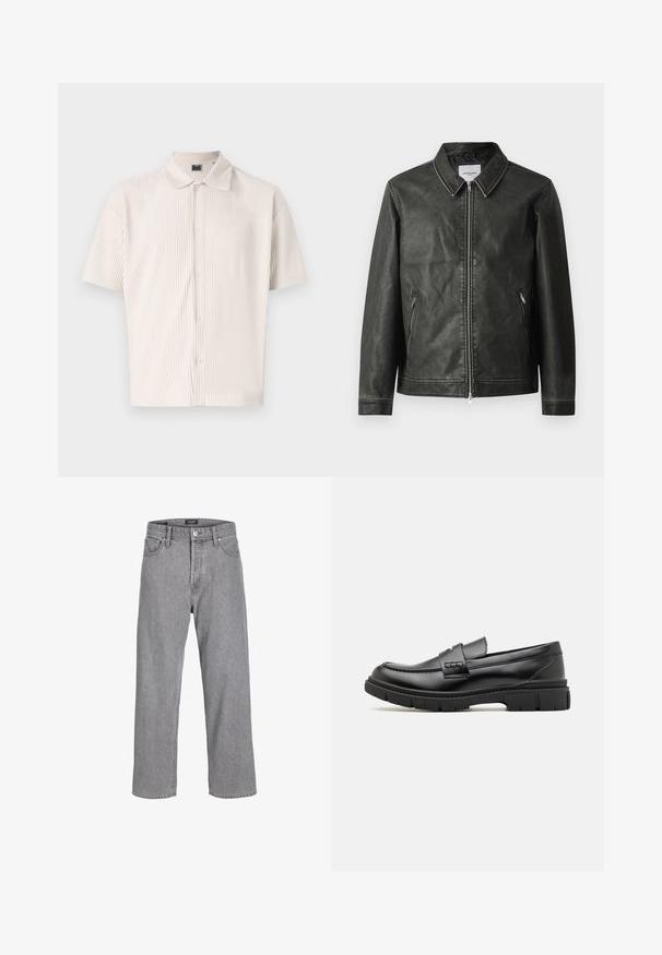 Sort læderjakke med en glat overflade, trykkrave, fuld frontlynlås og to sidelommer. Har minimale syninger.; Kortærmet, lys beige skjorte med krave og lodrette striber. Har knaplukning foran og en afslappet pasform. Blød tekstur.; Grå denimbukser med en afslappet, løs pasform. Har et traditionelt fem-lomme design og en knaplukning i taljen.; Sort læder loafersko med en bred rem over forfoden, gummisål med tykke mønstre og glat overflade. Klassisk, slankt design.