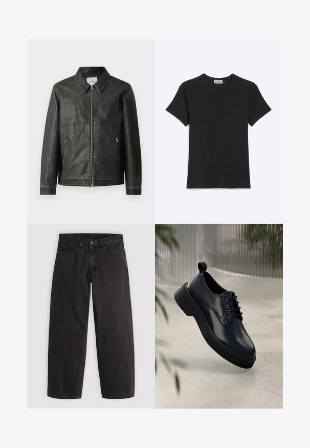 Zwarte leren motorjack met een gladde textuur, drukknoopkraag, volledige voorkant met rits en twee zijzakken. Bevat minimale stikdetails.; Effen zwart T-shirt met korte mouwen en een ronde hals met een Weekday-merklabel in de kraag, getoond op een witte achtergrond.; Zwarte denim jeans met rechte pijpen, vijf zakken en riemlussen, plat liggend op een lichte effen achtergrond.; Zwarte leren schoen met een ronde neus, vetersluiting en een dikke rubberen zool met een gestructureerde rand. Strakke afwerking en minimale hardware.