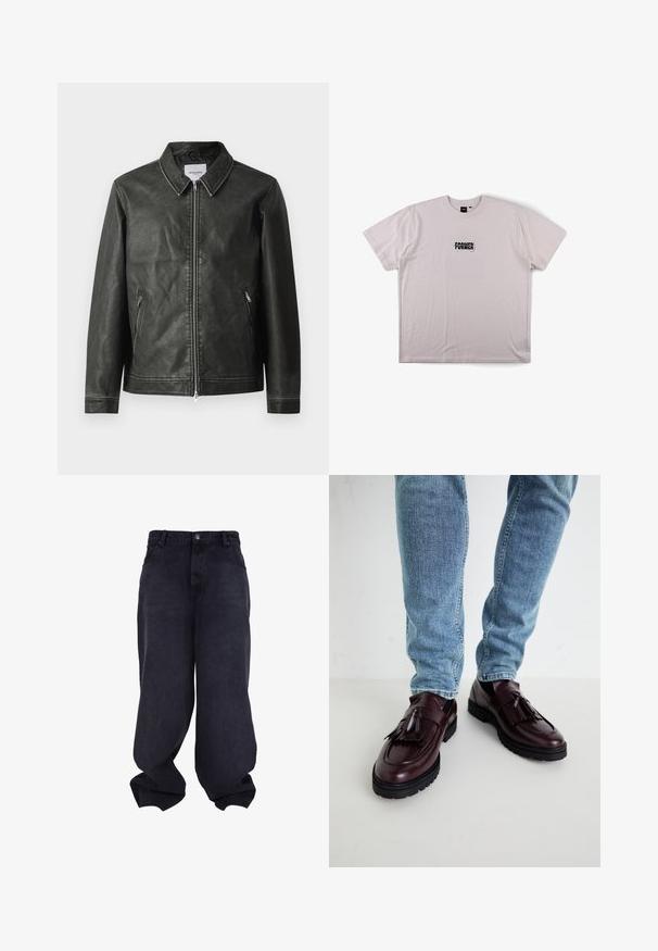 Sort læderjakke med en glat overflade, trykkrave, fuld frontlynlås og to sidelommer. Har minimale syninger.; Lysegrå T-shirt med korte ærmer og rund hals, med sort tekst "FORMER" trykt og delvist overstreget midt på brystet.; Sorte oversized løstsiddende jeans med knap- og lynlåsfrontlukning, forlommer og løse, brede ben.; Bordeaux læder loafers med kvaster og en tekstureret overdel, parret med lyseblå denimjeans. Sort gummisål synlig.