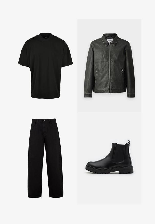 Sort læderjakke med en glat overflade, trykkrave, fuld frontlynlås og to sidelommer. Har minimale syninger.; Sort kortærmet T-shirt med rund halsudskæring, lavet af blødt stof, med en afslappet pasform og uden synlige mønstre eller accenter.; Sorte brede jeans lavet af denim, med forlommer, knaplukning og et rent, minimalistisk design uden synlige mønstre.; Zign LEATHER - Støvletter - black