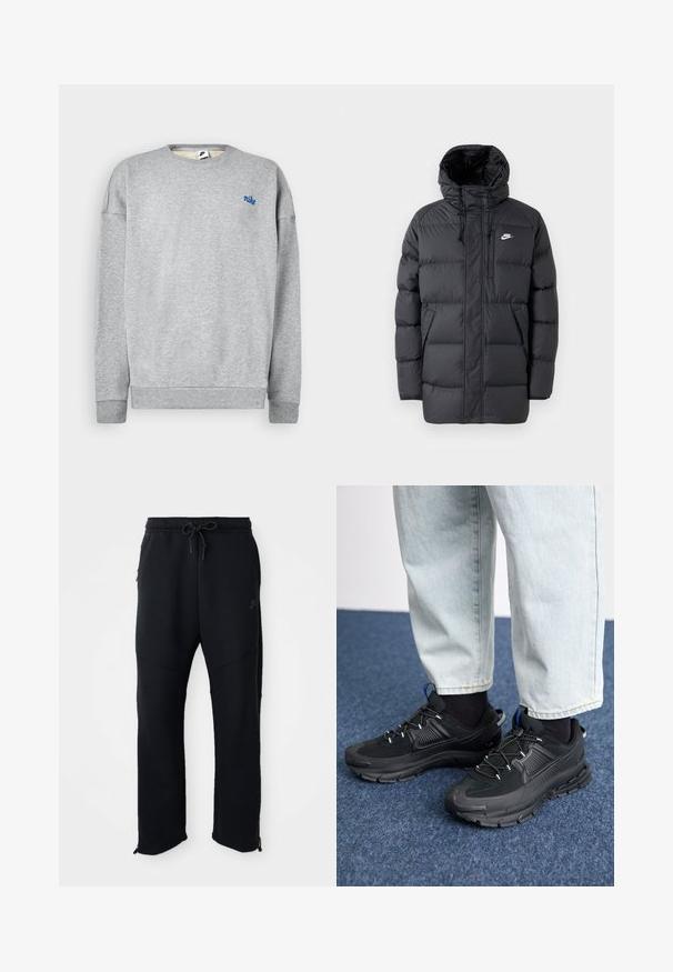 Schwarze Pufferjacke mit Kapuze, mit Reißverschluss vorne, elastischen Bündchen, Seitentaschen und einem kleinen Logo auf der Brust. Strukturierte, gesteppte Optik.; Grauer Sweatshirt aus einer weichen Baumwollmischung, mit Rundhalsausschnitt und gerippten Bündchen, versehen mit einem kleinen blauen Nike-Logo auf der Brust.; Schwarze Sporthose mit elastischem Bund und Kordelzug, seitlichen Taschen, schmal zulaufenden Beinen und Reißverschlüssen an den Knöcheln. Glatte Textur.; Schwarze Sportschuhe aus strukturiertem Stoff mit Gummisohlen, ausgestattet mit elastischen Schnürsenkeln und einem blauen Akzent an der Ferse. Getragen mit hellen Jeans.