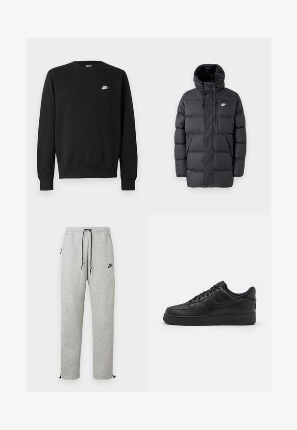 Sort pufferjakke med hætte, med lynlås foran, elastiske manchetter, sidelommer og et lille logo på brystet. Struktureret, quiltet design.; Sort sweatshirt lavet af bomuld med rund hals, lange ærmer og et lille hvidt Nike-logo på øverste venstre bryst.; Grå Nike sweatpants med snøre i taljen, sidelommer og elastiske manchetter. Har en glat overflade og kontrastfarvet sort logo-detalje.; Nike Sportswear AIR FORCE 1 07 FLYEASE - Sneakers - black