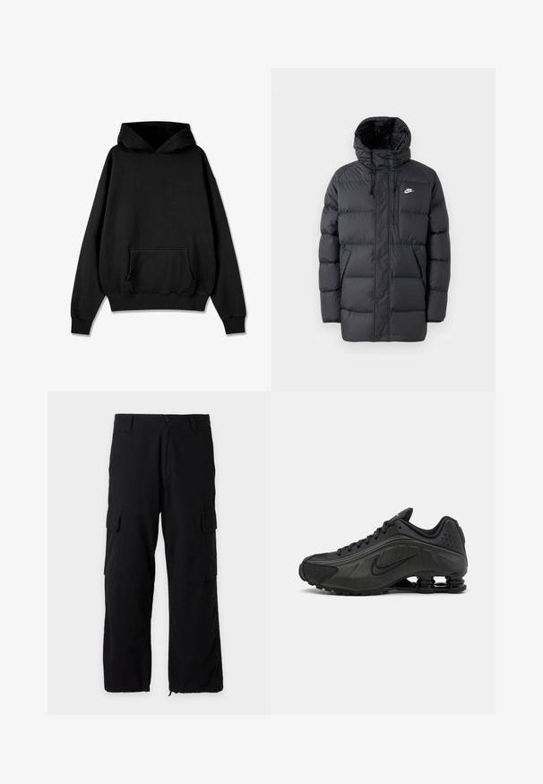 Sort pufferjakke med hætte, med lynlås foran, elastiske manchetter, sidelommer og et lille logo på brystet. Struktureret, quiltet design.; Pegador LOGO OVERSIZED - Hættetrøje - vintage black black; Sorte cargobukser med sidelommer med klap, knap- og lynlåslukning, bæltestropper og justerbare kanter.; Sorte løbesko med en glat syntetisk overdel, perforerede detaljer, teksturerede sidedele og en distinkt fjedrende sål.