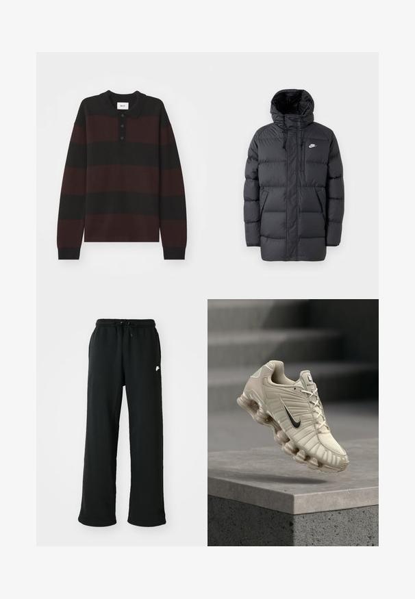Schwarze Pufferjacke mit Kapuze, mit Reißverschluss vorne, elastischen Bündchen, Seitentaschen und einem kleinen Logo auf der Brust. Strukturierte, gesteppte Optik.; NN.07 RUGBY - Langarmshirt - black; Schwarze Jogginghose aus weichem Material, mit einem elastischen Bund und verstellbarem Kordelzug sowie einem kleinen Logo-Detail an der Seite.; Beiger Nike-Laufschuh mit schwarzem Swoosh, atmungsaktivem Obermaterial und markanter segmentierter Sohle, über einer Betonplattform positioniert.
