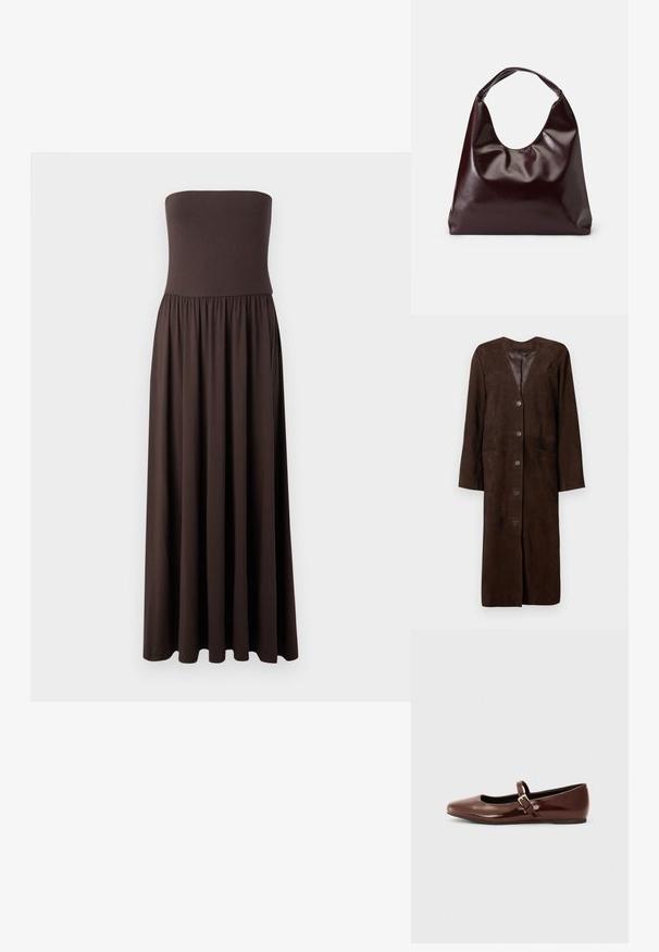 Abrigo largo de ante marrón con cuello con muesca, seis botones, dos bolsillos delanteros y un forro interior liso.; Vestido maxi marrón sin tirantes, hecho de una tela suave, con un corsé ajustado y una falda fluida y recogida que permite una fácil movilidad.; Bailarina de charol marrón con punta cuadrada y tira que presenta una pequeña hebilla dorada. Textura suave, tacón bajo y diseño minimalista.; Bolso tote vegan de cuero brillante en burdeos, con una forma suave y escultórica y un asa ancha y curvada para facilitar el transporte.