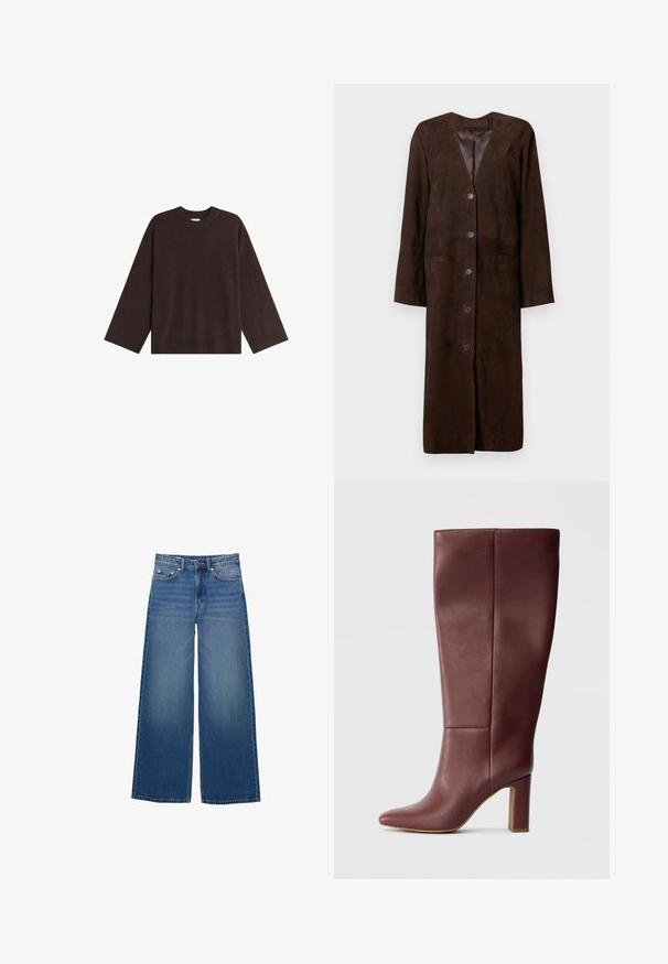 Brun ruskind lang frakke med en reverskrave, seks knapper, to forlommer og en glat inderfor.; Brun strikket sweater med rund hals, drop shoulder-design og rib strik ved kanten og manchetterne, lavet af blødt stof og med en afslappet pasform.; Vidde-ben denimjeans i en mellemblå vask, med høj talje, fem-lomme design og syningsdetaljer langs sømmene.; Knæhøj bordeaux læderstøvle med spids tå og blokhæl, med en glat tekstur og minimalistisk design.