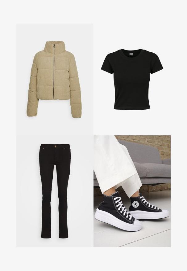 ONLY ONLDOLLY PUFFER - Zimná bunda - light green; Čierne tričko s krátkym rukávom vyrobené z hladkého bavlneného materiálu, s okrúhlym výstrihom a priliehavým strihom. Bez viditeľných vzorov alebo akcentov.; ONLY ONLMISSOURI SLIM - Kapsáče - black; Čierne vysoké tenisky s bielymi gumovými podrážkami a šnúrkami. Obsahujú okrúhlu nášivku s logom a kontrastné biele prešívanie. Materiál je plátený.
