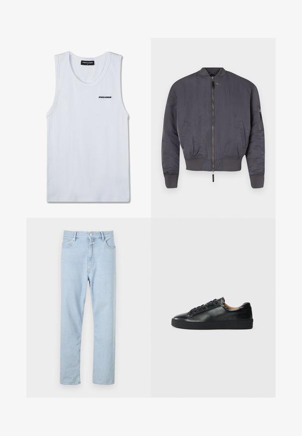 Veste bomber grise avec fermeture éclair sur le devant, poignets et ourlet côtelés. Présente une poche latérale inclinée avec fermeture éclair sur la manche. Texture lisse.; Débardeur blanc sans manches en maille côtelée avec logo noir "PEGADOR" sur la poitrine et étiquette de taille à l'intérieur de l'encolure.; Jeans droit en denim bleu clair, dotés d'une fermeture à boutons et à zip, de cinq poches et d'une légère décoloration sur le tissu.; Baskets en cuir noir avec une texture lisse, bout rond et fermeture à lacets. Comprend une semelle en caoutchouc épaisse et un minimum de détails de marque.