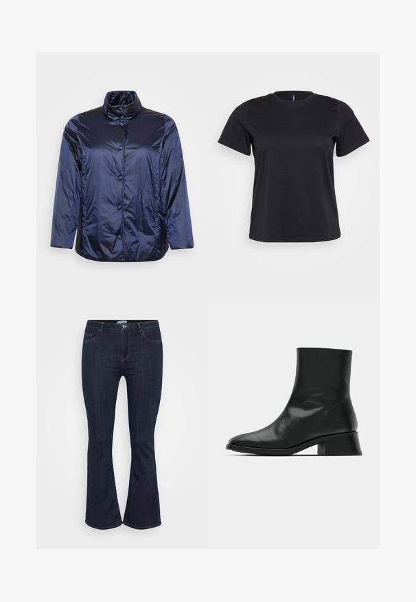 Chaqueta de plumas brillante de color azul oscuro con cuello elevado y cierre de botones a presión, mangas largas y un ajuste ligeramente holgado.; Camiseta de algodón negro de manga corta, con cuello redondo, corte holgado y textura suave. Sin gráficos ni patrones visibles.; Jeans de mezclilla de tiro alto en azul oscuro, con un ajuste ceñido en los muslos y un ligero acampanado en la parte inferior, que cuentan con bolsillos frontales y cierre de botón.; Botín negro de tobillo hecho de cuero brillante, con un diseño elegante, punta afilada y un tacón bloque moderado para mayor estabilidad.