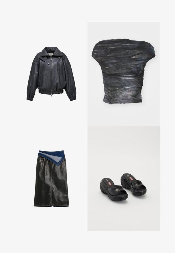 Schwarze Lederbomberjacke mit hohem Kragen, Reißverschluss und elastischen Bündchen. Verfügt über seitliche Taschen und eine strukturierte, übergroße Form.; Schwarzes, durchscheinendes Oberteil mit einem strukturierten, geschichteten Design, das horizontale Schnitte aufweist. Das Material wirkt leicht und zeigt dezente Farbvariationen.; Langer schwarzer Lederrock mit asymmetrischem, blauem Denim-Wickeleinsatz an der Taille mit Knopfloch-Details.; Melissa MELISSA QUANTUM PLATFORM X DIESEL AD - Badesandale - black
