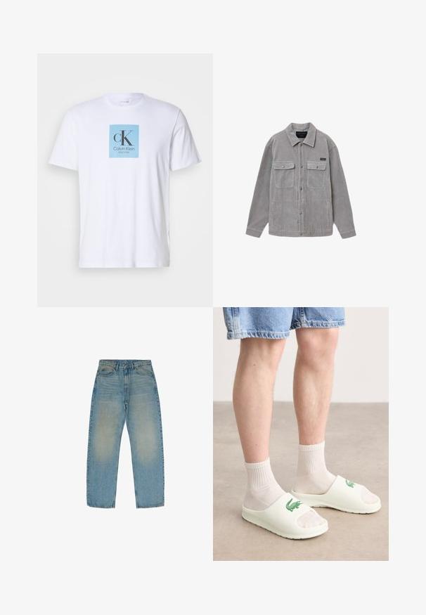 Grau gestreiftes Cordjackett mit Kragen, zwei vorderen Klappentaschen, Druckknopfverschluss und langen Ärmeln. Verfügt über strukturierte vertikale Streifen.; Weißes T-Shirt mit kurzen Ärmeln und einem hellblauen Quadrat auf der Brust, das das Textlogo "cK Calvin Klein New York" zeigt.; Hellblaue gerade geschnittene Jeans aus Denim, mit einer ausgewaschenen Struktur und mittlerem Waschgang, fünf Taschen und einem Reißverschluss.; Weiße Rutschsandalen mit offener Zehenpartie, die ein grünes Logo zeigen, getragen mit weißen gerippten Socken und Jeansshorts. Glattes Material und flache Sohle.