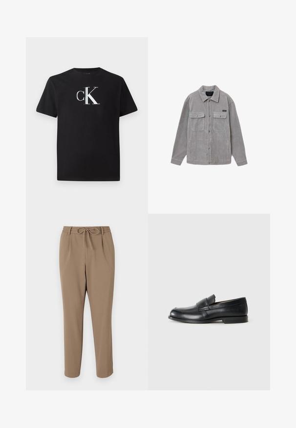 Grau gestreiftes Cordjackett mit Kragen, zwei vorderen Klappentaschen, Druckknopfverschluss und langen Ärmeln. Verfügt über strukturierte vertikale Streifen.; Schwarzes Baumwoll-T-Shirt mit einem silbernen "ck"-Logo auf der Vorderseite. Kurzärmlig und mit einem runden Halsausschnitt in regulärer Passform.; Beige leicht taillierte Hose mit einem Kordelzugbund, seitlichen Taschen und einer glatten Textur. Keine sichtbaren Muster oder zusätzlichen Akzente.; Schwarze Leder-Loeffler mit abgerundetem Zehenbereich, gesteppten Details und einer flachen Gummisohle. Verfügt über ein breites Band über dem Fußrücken.