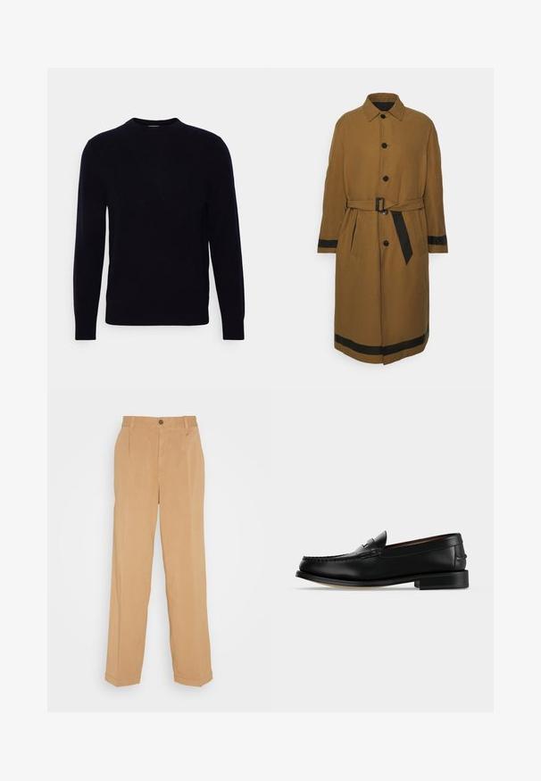 Neil Barrett REVERSIBLE - Trenčkot - black/khaki; Tmavo modrý sveter s kruhovým výstrihom, dlhými rukávmi, vyrobený z mäkkého materiálu. Má hladkú textúru a klasický strih, bez viditeľných vzorov alebo akcentov.; Béžové nohavice s širokými nohavicami vyrobené z mäkkej látky, s dvomi prednými vreckami, zapínaním na gombík a záhybmi pozdĺž nohavíc.; Čierne kožené pánske mokasíny s nízkym podpätkom a šitím v štýle mokasín na špičke, zobrazené z boku na jednoldom pozadí.