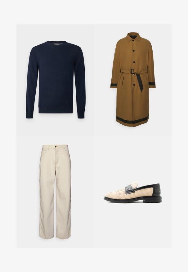 Neil Barrett REVERSIBLE - Trenchcoat - black/khaki; Mørk marineblå langærmet sweater med rund hals, ribstrikkede manchetter og kant på en ensfarvet lys baggrund.; Fiorucci CARPENTER - Jeans Straight Leg - white; Beige vævet loafer med sort skindkant, rundet tå, sort sål og dekorativt syet mønster på oversiden.