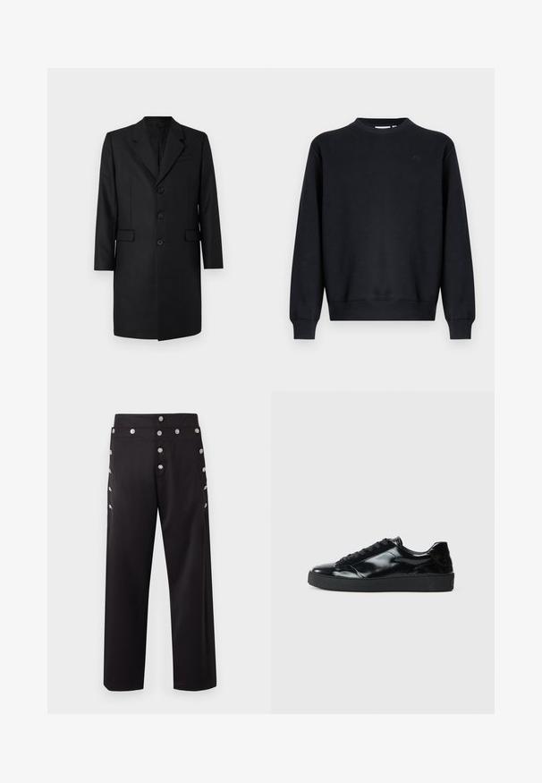 Sort skræddersyet frakke med klapkrave, to frontlommer, enknapsdesign og tre knapper. Glat stof med en premium finish.; Sort sweatshirt lavet af bomuldsblend. Rund halsudskæring, lange ærmer, ribstrikkede manchetter og kant. Diskret logo på brystet.; Sorte bukser med lige snit, lavet af glat stof. Pyntet med sølvknapper langs siden for ekstra detalje.; Sorte laklæder sneakers med rund tå, snørredesign, tekstureret gummisål og en glat overflade.
