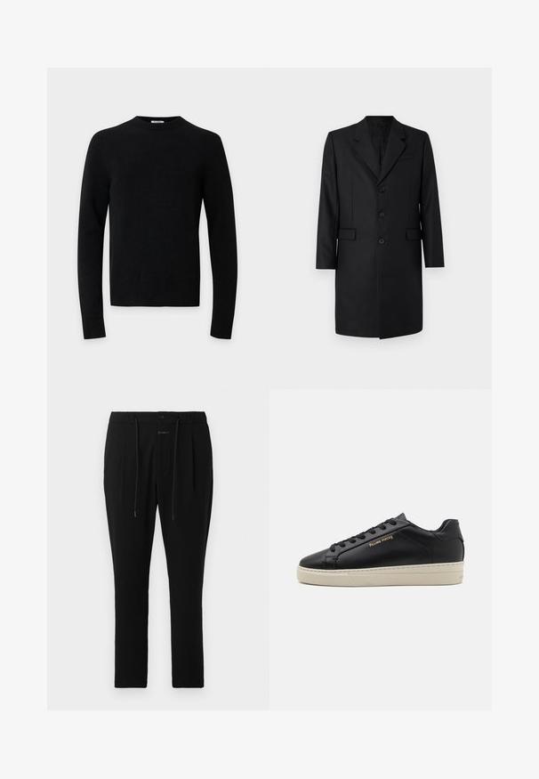 Sort skræddersyet frakke med klapkrave, to frontlommer, enknapsdesign og tre knapper. Glat stof med en premium finish.; Sort langærmet rundhalset sweater med ribkant ved kant og ærmer på en ensfarvet lysegrå baggrund.; CLOSED VIGO TAPERED - Chino - dark night; Sorte lædersneakers med en glat finish, kontrasterende cremefarvet sål, rund tå, guld logo på siden og seks huller til snørebånd.
