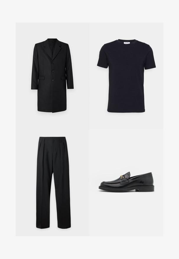 Zwart op maat gemaakte jas met een notch-revers, twee voorkanten zakken, een enkelsluiter ontwerp en drie knopen. Glad materiaal met een premium afwerking.; Zwart T-shirt met korte mouwen en ronde hals, met een klein wit label aan de binnenkant van de halslijn.; Zwarte, hoog getailleerde, op maat gemaakte broek met riemlussen, voorplooien, knoopsluiting en rechte, wijde pijpen op een lichte achtergrond.; Zwarte leren instappers met een ronde neus, voorzien van een gouden hardware accent en stikdetails, geplaatst op een lage, getextureerde rubberen zool.