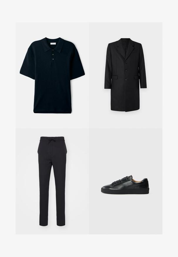 Sort skræddersyet frakke med klapkrave, to frontlommer, enknapsdesign og tre knapper. Glat stof med en premium finish.; Marineblå kortærmet polo shirt med tekstureret ribbet design, krave og tre-knaps placket.; Sorte, tætsiddende bukser lavet af et blødt stof. Har en elastisk talje med snore og sidelommer med en glat overflade.; Sorte lædersneakers med en glat overflade, rund tå og snørebåndslukning. Har en tyk gummisål og minimal branddetalje.