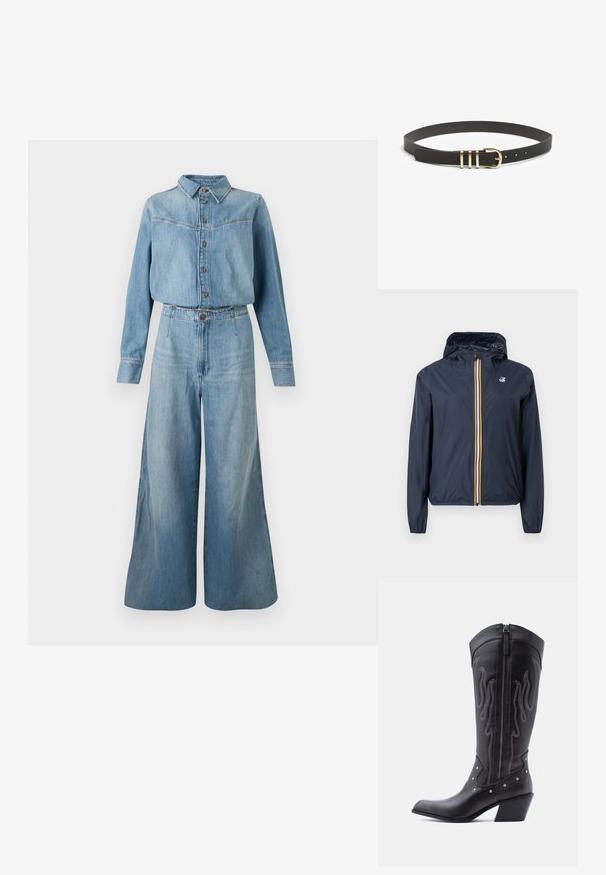 Marineblå hættetrøje i letvægtsmateriale med flerfarvet, stribet lynlås foran og lille logo på venstre bryst, elastiske manchetter og kant.; Denimskjorte og jumpsuit med vide ben i lys blå. Har krave, knaplukning, lange ærmer og en bælte i taljen for pasform.; Sorte cowboystøvler i læder med spids tå, synlige sømme, sølvfarvede nitte-detaljer og lynlås på den indvendige side.; Sort tekstureret læderbælte med en guld metal spænde med tre vandrette stænger og flere justeringshuller.