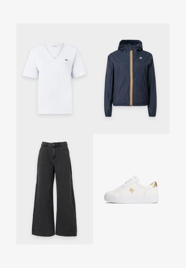 Veste légère à capuche bleu marine avec fermeture éclair rayée multicolore sur le devant et petit logo sur la poitrine gauche, poignets et ourlet élastiques.; T-shirt en coton bleu clair à manches courtes, décolleté en V, avec un petit logo crocodile vert de Lacoste sur la poitrine gauche. Texture douce.; Jean en denim noir à jambes larges avec une taille haute, poches avant et une texture lisse. Présente une braguette centrale avec fermeture à bouton.; Baskets en cuir blanc avec un accent texturé doré au talon, semelle blanche plate, et fermeture à lacets ornée d'un détail logo en métal.