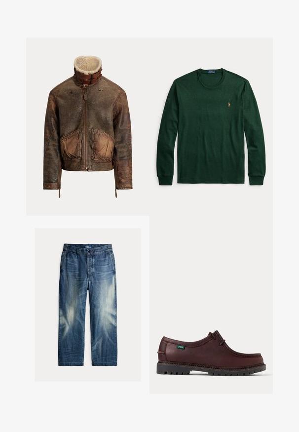 Braune, abgenutzte Lederjacke mit Frontreißverschluss, großen Taschen, Lammfellkragen und doppeltem Schnallenverschluss am Kragen.; Dunkelgrünes Langarmshirt mit Rundhalsausschnitt und kleinem besticktem Polo Ralph Lauren-Logo auf der linken Brust.; Blaue ausgewaschene Jeans mit Fronttaschen, Gürtelschlaufen, Knopfverschluss und „Polo by Ralph Lauren“-Etikett im inneren Bund.; Dunkelbrauner Leder-Mokassinschuh mit schwarzer robuster Sohle und grünem Polo-Logo-Etikett an der Seite, Seitenansicht.