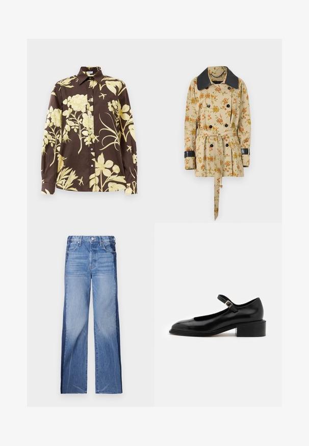 Rabanne Overgangsjakke - sand/pink green/yellow; Brun langærmet skjorte med store gule blomster mønstre, spids krave og knaplukning foran. Lavet af letvægtsstof.; Denimjeans med bred bendesign, to-tonet blåt stof med tydelige farveafsnit, mellemhøj talje og standard fem-lomme stil.; Souliers Martinez PENELOPE - Højhælede pumps - black