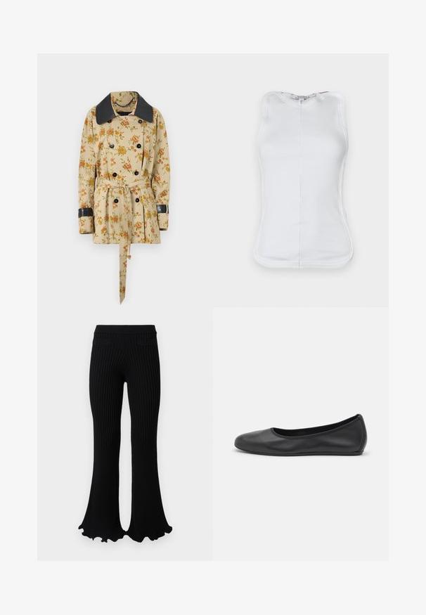 Rabanne Overgangsjakke - sand/pink green/yellow; Hvid ærmeløs top lavet af ribbet bomulds-materiale, med et figursyet design, rund udskæring og synlige sømme langs siderne.; Rabanne Bukser - black; Sort læderballetsko med rund tå, glat tekstur, minimal syning og et fleksibelt såldesign.