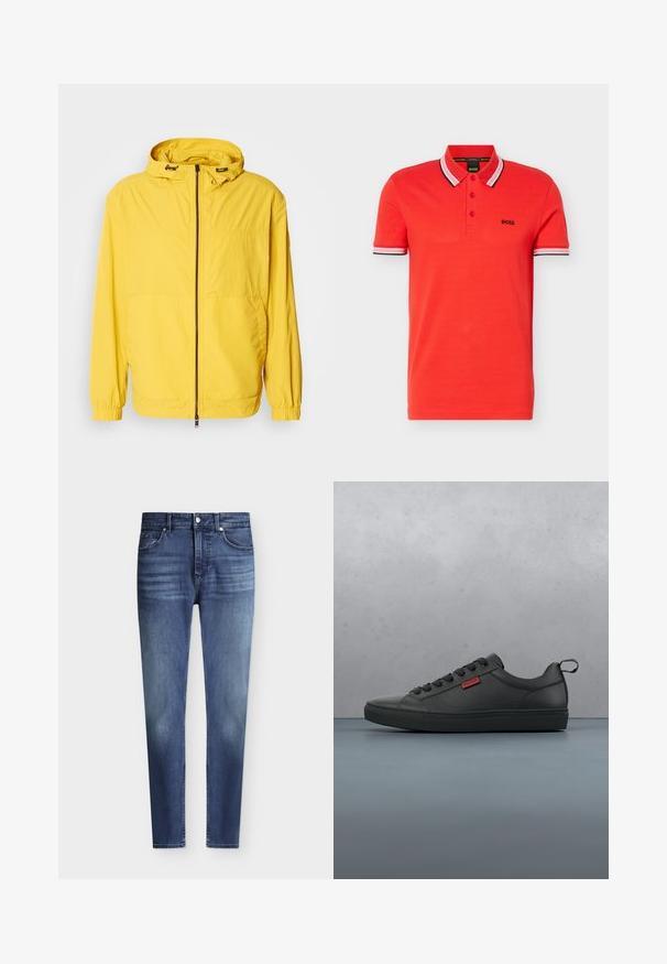 Geel windjack met ritssluiting, verstelbare capuchon en elastische manchetten, gemaakt van lichtgewicht, waterafstotend materiaal.; Rood poloshirt met korte mouwen, witte en zwarte gestreepte kraag en manchetten, drie knopen en het "BOSS"-logo op de linkerborst.; Heren slim fit blauwe denim jeans met klassieke vijfzakkenstijl en lichte vervaging op dijen en knieën, knoop- en ritssluiting.; Zwarte low-top sneakers van glad materiaal, met een ronde neus, vetersluiting aan de voorkant, een gestructureerde zool en een klein rood logo.