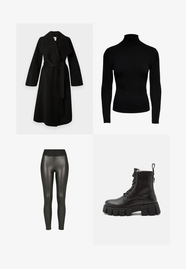 Manteau en laine noire avec un large col, des manches longues et une ceinture à nouer à la taille. Présente une coupe droite et une texture douce.; Pull noir en maille côtelée à col roulé, avec des manches longues, au design ajusté et à la texture lisse. Doté d'un col haut et de manches resserrées.; Leggings noirs taille haute en simili cuir avec une finition lisse et brillante et une coupe à la cheville sur fond blanc.; Bottines en cuir noir avec une semelle en caoutchouc épaisse, bout rond, fermeture à lacets à l'avant, et une languette à l'arrière pour un enfilage facile.