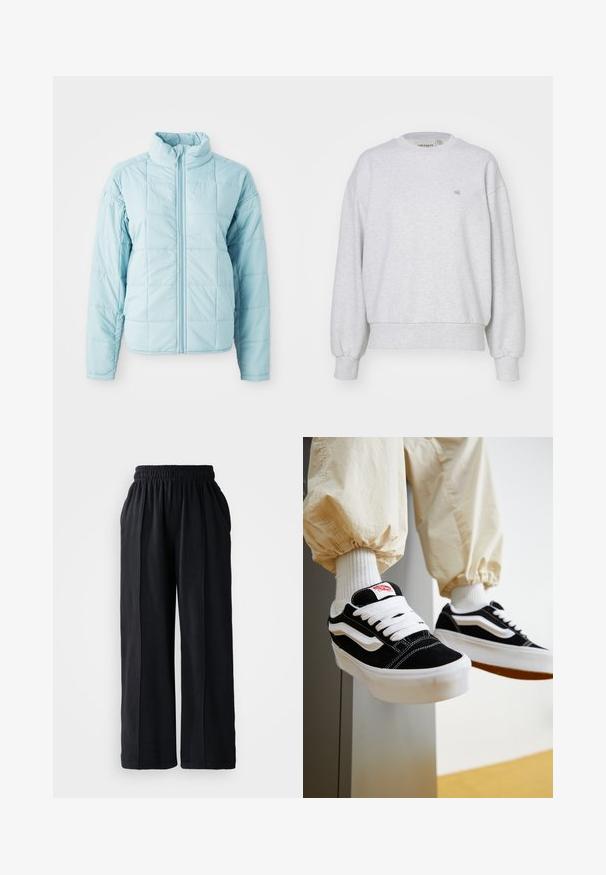 Hele sinine õmmeldud jakk esi tõmblukuga ja kõrge kraega, millel on pikad varrukad ja ruutõmblustest muster.; Carhartt WIP CASEY - Pusa - ash heather/silver; Mustad laiad püksid elastse vöökohtaga, valmistatud pehmest kangast, millel on sile tekstuur ja puhas disain.; Isik, kes kannab mustvalgeid Vansi tossusid valgete paelte, valgete sokkide ja beežide elastsete mansettidega pükstega.