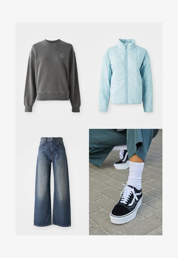 Lichtblauwe gewatteerde jas met rits aan de voorkant en hoge kraag, met lange mouwen en een vierkant stikselpatroon.; Grijze pullover sweatshirt van een gladde katoenmix, met een ronde hals, geribbelde manchetten en een klein logopatch op de linkerkant van de borst.; Blauwe high-waisted wide-leg jeans met een sluiting aan de voorkant en zakken, vervaagde textuur op de bovenbenen en een rechte zoom.; Zwarte suède sneaker met witte accenten en veters, uitgerust met een dikke witte zool en contrasterende stiksels, gecombineerd met een witte sok.