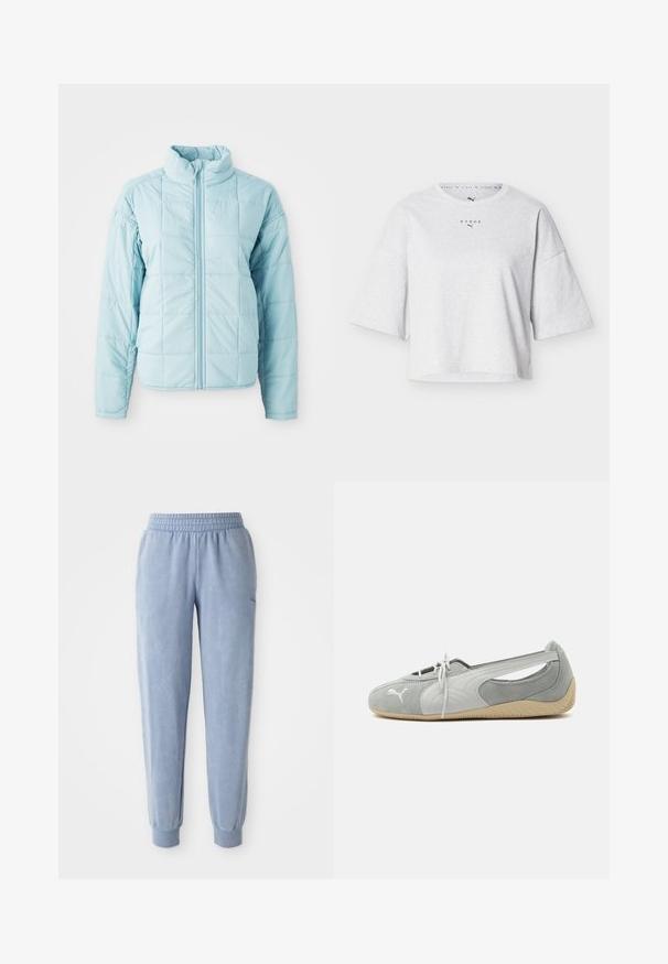 Chaqueta acolchada azul claro con cremallera delantera y cuello alto, con mangas largas y un patrón de costura cuadrada.; Camiseta corta de color gris claro con mangas cortas anchas y los logotipos de "HYROX" y Puma centrados debajo del cuello redondo.; Pantalones de chándal azules hechos de una tela suave con una cintura y puños elásticos; presentan una sutil textura y un pequeño logo en un lado.; Zapato plano de ante Puma gris claro con logo blanco, cordones delanteros, laterales recortados y suela beige texturizada, mostrado desde el lado exterior.