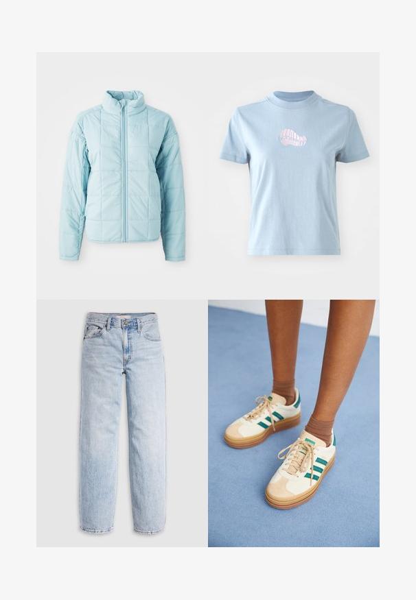 Chaqueta acolchada azul claro con cremallera delantera y cuello alto, con mangas largas y un patrón de costura cuadrada.; Camiseta de algodón de color azul claro con mangas cortas y un cuello alto, que presenta un pequeño diseño de concha bordado en rosa en la parte delantera.; Jeans de mezclilla azul claro con cintura alta, corte relajado, piernas rectas y un diseño clásico de cinco bolsillos. Desgastado visible y detalles de costuras.; Zapatillas color beige con rayas verde oscuro, suela de goma, parte superior de ante y textil, y accesorios en color neutro, acompañadas de calcetines marrones sobre una superficie azul clara.
