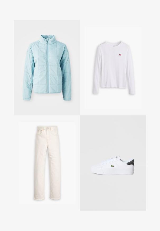 Chaqueta acolchada azul claro con cremallera delantera y cuello alto, con mangas largas y un patrón de costura cuadrada.; Camisa blanca de manga larga hecha de suave algodón. Presenta un pequeñoLogo rojo de Levi's en el lado izquierdo del pecho. Diseño clásico de cuello redondo.; Jeans de mezclilla blanca con un diseño de pierna recta, estilo de cinco bolsillos y detalles de hardware en color cobre. Acabado sin dobladillo en los tobillos.; Zapatillas de lona blanca con suela de caucho texturizada, puntera redonda, cinco ojales y un logo de cocodrilo bordado en verde en el lateral.