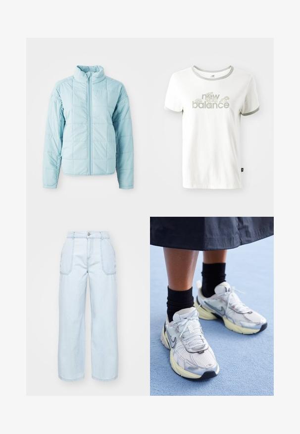 Lyseblå quiltet jakke med frontlynlås og høj krave, der har lange ærmer og kvadratisk stikningsmønster.; Hvid bomulds T-shirt med grå kant, der har et blomstermotiv og teksten "new balance" i lys grøn. Korte ærmer, almindelig pasform.; Lysblå vidbensjeans lavet af denim, med en frontknaplukning, to sidelommer og synlige stingdetaljer.; Hvide og sølv Nike sneakers med mesh-stof, reflekterende detaljer og en beige sål. Bæres med sorte sokker og står på en blå overflade.