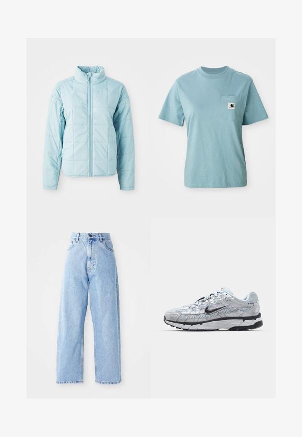 Lyseblå quiltet jakke med frontlynlås og høj krave, der har lange ærmer og kvadratisk stikningsmønster.; Lyseblå kortærmet bomulds T-shirt med brystlomme og et lille sort-hvidt Carhartt logo patch.; Højhalset lysblå denimjeans med lige vide ben, frontknap, lynlås lukning samt front- og baglommer.; Nike P-6000 sneakers med en lys grå mesh overdel, sorte accenter og en holdbar sort gummisål. Har et detaljeret design og snøresystem.