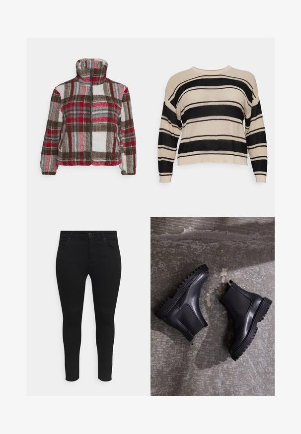 Noisy May Curve NMNICHELA JACKET - Forro polar - molten lava; Object Curve Jersey de punto - sandshellstripes:black; Vaqueros skinny negros hechos de una tela elástica, con bolsillos delanteros, cierre de botón y un diseño elegante sin patrones ni adornos visibles.; Botines negros con suela gruesa, paneles elásticos y un acabado de cuero liso. Suela acanalada notable y silueta elegante.