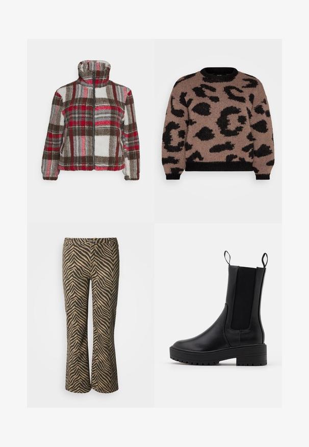 Noisy May Curve NMNICHELA JACKET - Veste polaire - molten lava; Vero Moda Curve VMCZELMA O NECK - Pullover - brown/black; Pantalon évasé à rayures zébrées marron et noir avec une texture lisse et une ceinture standard comportant deux poches avant et des passants pour ceinture.; Botte de cheville noire avec une finition en cuir lisse, des panneaux latéraux en élasthanne, des languettes de traction et une semelle épaisse et texturée pour une meilleure adhérence.