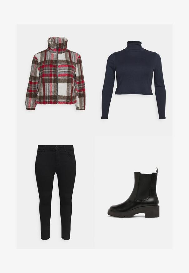 Noisy May Curve NMNICHELA JACKET - Forro polar - molten lava; Top de cuello alto de manga larga acanalado en color marino con un diseño cropped y una silueta ajustada. Presenta una tela sutil y texturizada.; Vaqueros skinny negros hechos de una tela elástica, con bolsillos delanteros, cierre de botón y un diseño elegante sin patrones ni adornos visibles.; Botas de piel negra hasta el tobillo con paneles laterales elásticos, punta redondeada y tacón de goma grueso para mayor estabilidad. Acabado suave y tira en la parte trasera.