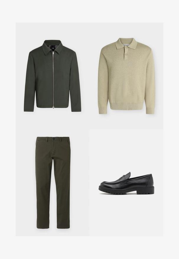 Mørkegrøn jakke med lange ærmer, krave og central sølvlynlås, vist på en ensartet lys baggrund.; Langærmet beige polo-shirt med krave og to knapper, ribstrikkede ærmegab og kant, vist på en simpel lys baggrund.; Olivengrønne, lige ben bukser lavet af en blanding af bomuldsstof. Har en lynlås foran, bæltesløjfer og to sidelommer. Glat tekstur.; Sorte læder loafers med rund tå, slip-on design og tyk gummisål med tekstureret greb. Forhøjet hæl og subtile syninger.