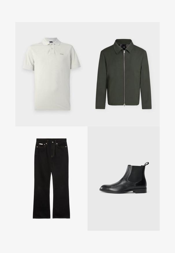 Veste vert foncé avec manches longues, un col et une fermeture éclair argentée centrale, présentée sur un fond clair uni.; Polo gris clair en tissu doux, avec un col classique, deux boutons, des manches courtes et un logo discret sur la poitrine.; Jean noir droit avec coutures orange, cinq poches, fermeture par bouton, et une petite étiquette Calvin Klein sur la poche avant droite.; Bottine en cuir noir avec des panneaux latéraux élastiques, bout rond et tirette. Texture lisse, semelle plate, design minimaliste.