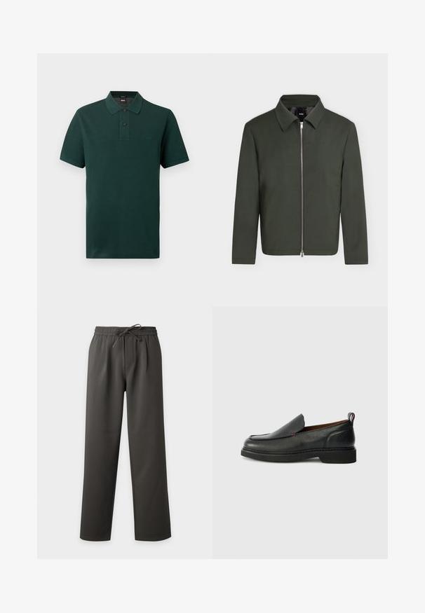 Veste vert foncé avec manches longues, un col et une fermeture éclair argentée centrale, présentée sur un fond clair uni.; Polo vert foncé à manches courtes avec deux boutons noirs et petit logo "BOSS" brodé sur le côté gauche de la poitrine.; Pantalon droit gris foncé avec taille élastique et cordon, présenté à plat sur un fond clair.; Chaussure slip-on en cuir noire avec un bout rond, un dessus texturé, des coutures rouges contrastantes et un petit talon. Présente une languette en boucle.