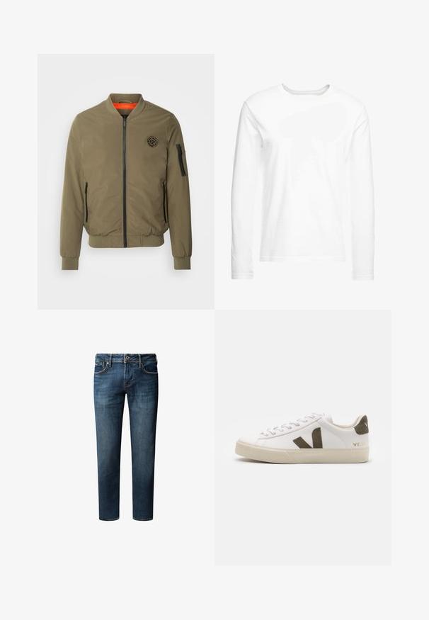 INDICODE JEANS Bombera - olive; Biela tričko s dlhým rukávom vyrobené z mäkkej bavlny. Okrúhly výstrih s rovnými lemami a bez viditeľných vzorov alebo grafiky.; Tmavo modré džínsy s rovnými nohavicami, ktoré majú päť vreciek, zapínanie na gombík a jemné vyblednutia na látke.; Biele kožené tenisky s svetlosivou gumovou podrážkou. Obsahujú hnedú semišovú V logo a jazyk pätky. Šnurovanie s textúrovaným povrchom.