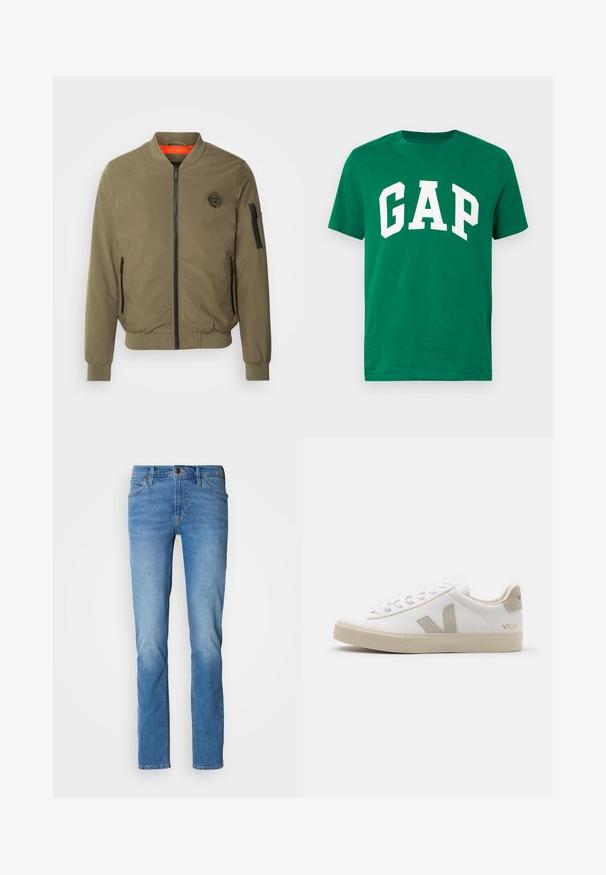 INDICODE JEANS Bomberjacke - olive; Grünes Baumwoll-T-Shirt mit Rundhalsausschnitt; zeigt große weiße Blockbuchstaben, die "GAP" auf der Vorderseite buchstabieren.; Hellblaue Jeans aus Denim mit geradem Schnitt, ausgestattet mit dem traditionellen Fünf-Taschen-Design, Messingbeschlägen und dezentem Verblassen an den Oberschenkeln.; Weiße Ledersneaker mit beigen Akzenten, flacher Gummisohle, runder Zehenpartie und kontrastierendem Logo an der Seite und Rückseite. Mit Schnürdesign.