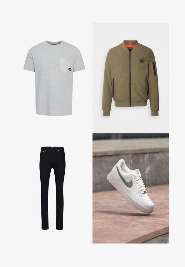 INDICODE JEANS Bomberjacke - olive; Graues Kurzarm-T-Shirt aus weichem Stoff, mit einer kontrastierenden hellgrauen Tasche und einem kleinen Logo-Tag in der Nähe der Tasche.; Schwarze Jeans aus Denim mit geradem Schnitt, fünf Taschen, Metallknöpfen und einer einzelnen Gesäßtasche mit Ziersteppung.; Weißer Nike Air Force 1 Sneaker mit grauem Swoosh-Logo, der über einer Steinoberfläche und einem grauen Steinwandhintergrund schwebt.
