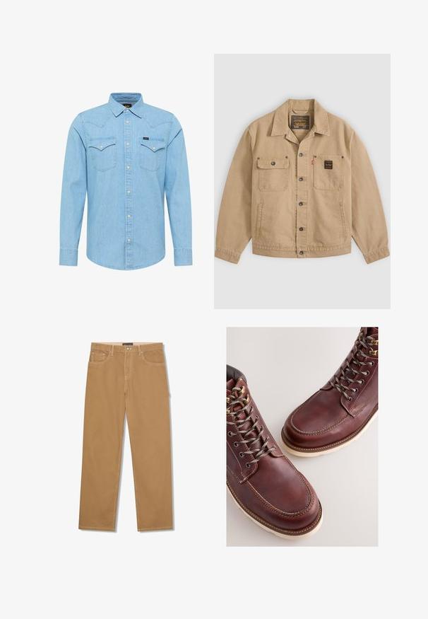 Beige jakke med knapper og krave, to brystlommer — den ene med klap og knap, den anden med sort label — og sidelommer.; Lyseblå denimskjorte med lange ærmer, knaplukning, to brystlommer med knapper, spids krave og lille Lee-logo på venstre lomme.; Lysebrune bukser med lige ben, forrest knap og lynlås, forlommer og møntlomme samt synlige hvide sting.; Brune læderstøvler med en glat finish, med metal-øjer, grå snørebånd og en cremefarvet gummisål. Syning langs kanterne som detalje.