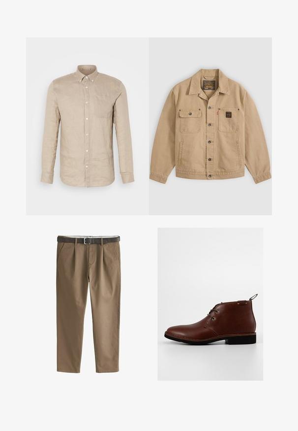 Chaqueta beige abotonada con cuello, dos bolsillos en el pecho: uno con solapa y botón, el otro con una etiqueta negra, y bolsillos laterales.; Camisa de lino beige de botones con mangas largas, bolsillo en el pecho y botones blancos. Textura suave, corte relajado y cuello puntiagudo.; Pantalones casuales marrones con pliegues frontales y bolsillos laterales, combinados con un cinturón de cuero marrón oscuro con hebilla plateada.; Botas de piel marrón hasta el tobillo con punta redondeada, dos ojales y una suela de goma oscura y contrastante. Incluyen una lengüeta en la parte posterior.