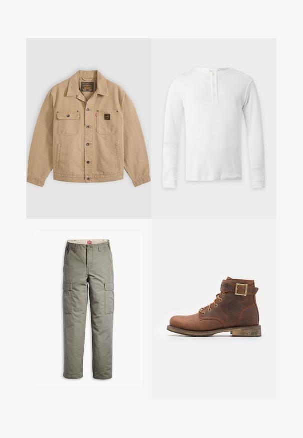 Beige knöpfbare Jacke mit Kragen, zwei Brusttaschen – eine mit Klappe und Knopf, die andere mit einem schwarzen Etikett – und Seitentaschen.; Weißes Thermo-Langarmshirt mit rundem Ausschnitt und Drei-Knopf-Leiste, flach auf hellem Hintergrund präsentiert.; Cargo-Hosen in Olivgrün, aus strapazierfähigem Baumwollmix, mit seitlichen Taschen, einem geraden Bein-Design und Knopfverschluss.; Harley Davidson VNTGMOTO SHORT RIDING APPROVED - Cowboy-/Bikerstiefelette - brown