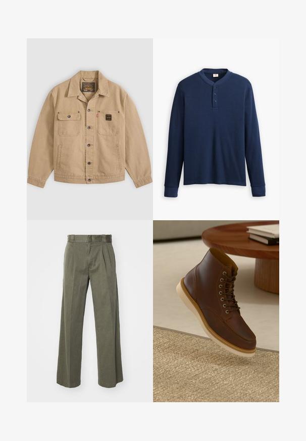 Beige knöpfbare Jacke mit Kragen, zwei Brusttaschen – eine mit Klappe und Knopf, die andere mit einem schwarzen Etikett – und Seitentaschen.; Langärmliges navyblaues Henley-Shirt aus geripptem Stoff. Mit rundem Ausschnitt und einer Knopfleiste mit drei Knöpfen. Die Bündchen sind schmal geschnitten.; Olivgrüne Hose mit einem lockeren, weit geschnittenen Design und vorderen Falten. Hergestellt aus strukturiertem Stoff mit einem normalen Bund und ohne sichtbare Beschläge.; Braune Leder-Ankle-Boots mit beiger Sohle auf einem strukturierten beigen Teppich neben einem runden Holztisch mit gestapelten Büchern.